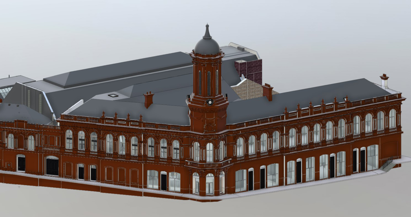 an image of a short wide building with three parts edited using Revit Modeling