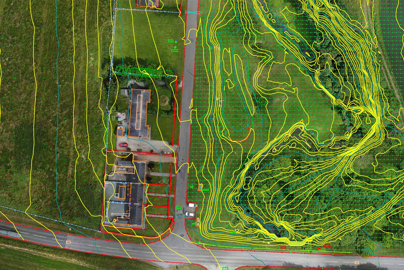 a land survey taken by a drone using photography with topography lines