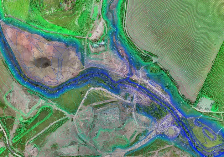a faraway photo of a line-mapped land area in the countryside